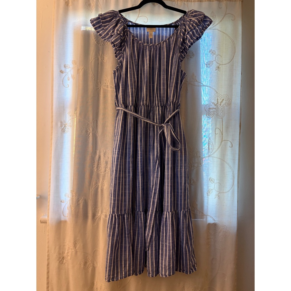 St Johns Bay Blue White Striped Ruffle Sleeve Tiered Midi Dress XL